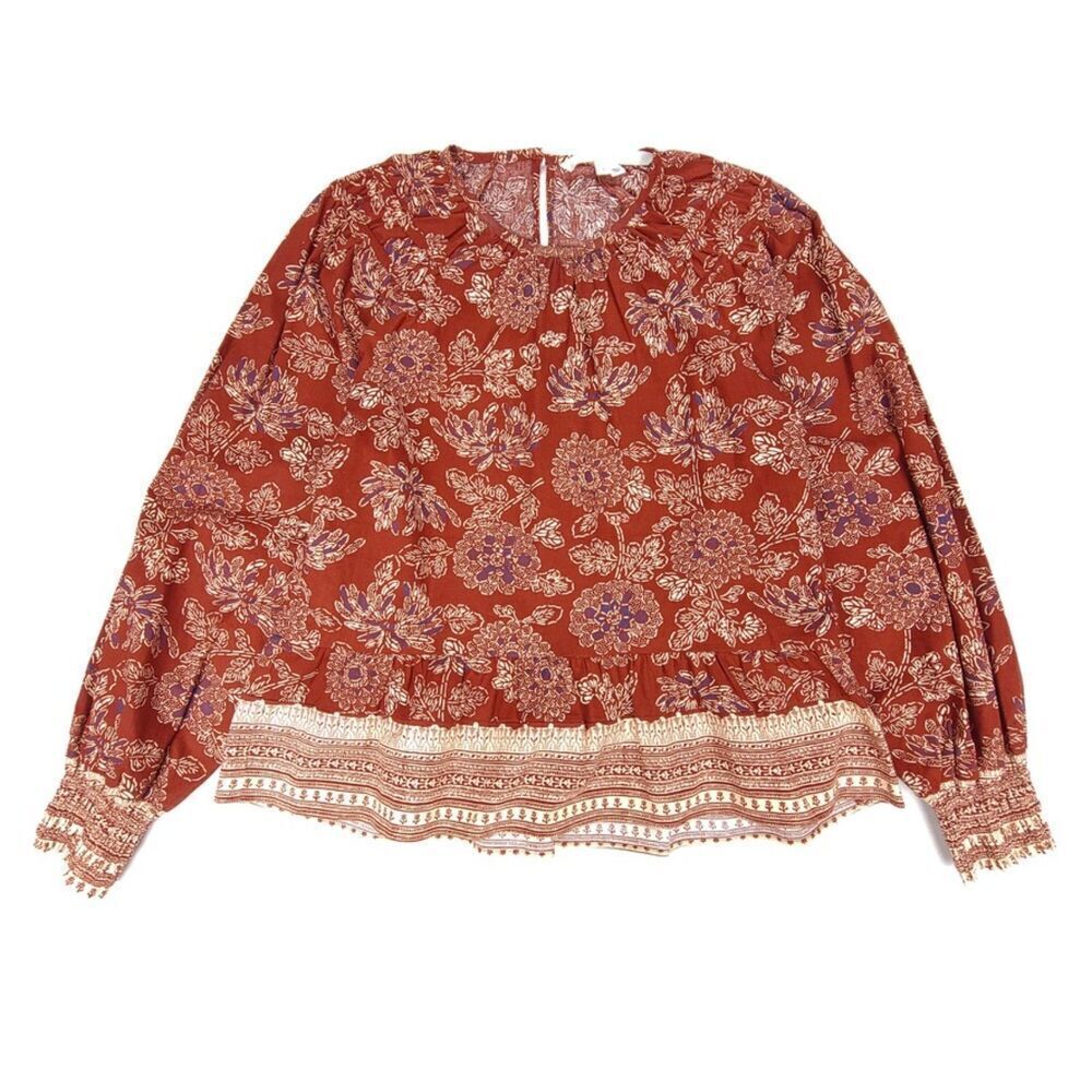 VERONICA BEARD Kester Floral Print Cotton Poplin Peplum Blouse Rust Boho Print 0